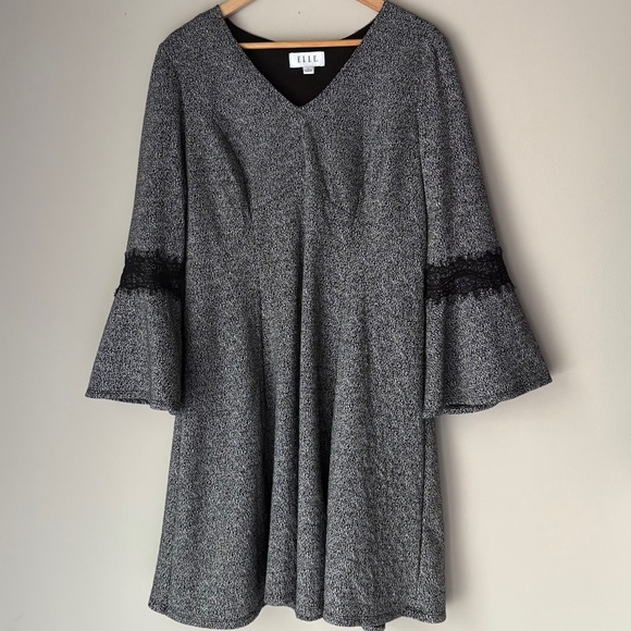 Elle Fit Flare Midi Knit Lace Long Sleeve Flare Black White Dress - Picture 1 of 4